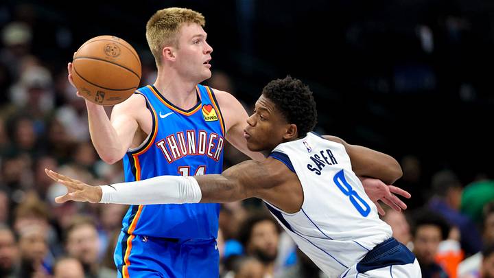 Oct 28, 2026; Dallas, Texas, USA; \Oklahoma City Thunder guard Bennett Stirtz (14) looks to pass as Dallas Mavericks guard Marcus Sasser (8) defends during the first quarter at American Airlines Center. Mandatory Credit: Kevin Jairaj-Imagn Images Oct 28, 2026; Dallas, Texas, USA; \Oklahoma City Thunder guard Bennett Stirtz (14) looks to pass as Dallas Mavericks guard Marcus Sasser (8) defends during the first quarter at American Airlines Center. Mandatory Credit: Kevin Jairaj-Imagn Images