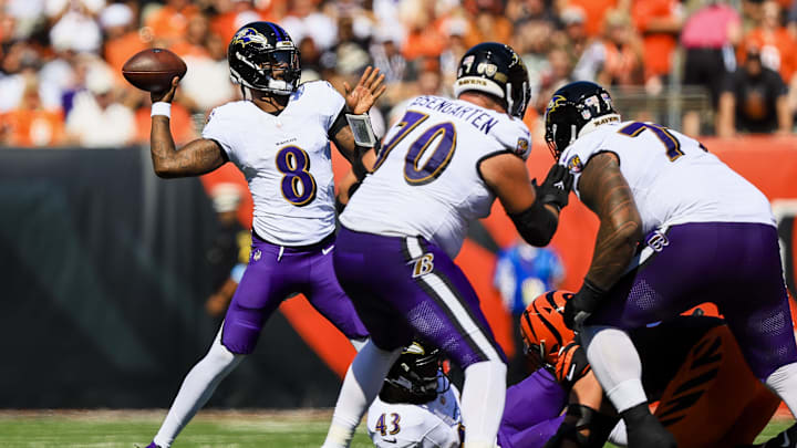 Oct 6, 2024; Cincinnati, Ohio, USA; Baltimore Ravens quarterback Lamar Jackson (8) throws a pass against the Cincinnati Bengals in the first half at Paycor Stadium. Mandatory Credit: Katie Stratman-Imagn Images