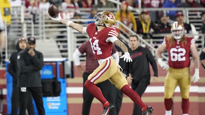 December 30, 2024; Santa Clara, California, USA; San Francisco 49ers wide receiver Ricky Pearsall (14) catches the football against the Detroit Lions during the first quarter at Levi's Stadium. Mandatory Credit: Kyle Terada-Imagn Images December 30, 2024; Santa Clara, California, USA; San Francisco 49ers wide receiver Ricky Pearsall (14) catches the football against the Detroit Lions during the first quarter at Levi's Stadium. Mandatory Credit: Kyle Terada-Imagn Images