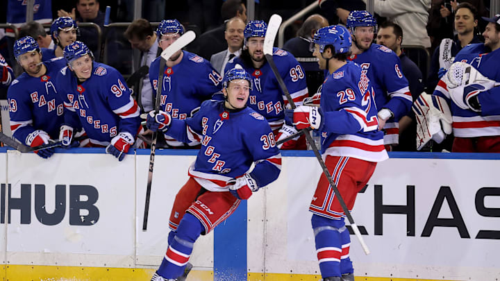 Mar 27, 2026; New York, New York, USA; New York Rangers left wing Adam Sykora (38) celebrates his goal against the Chicago Blackhawks with defenseman Matthew Robertson (29) during the second period at Madison Square Garden. The goal was the first of his NHL career. Mandatory Credit: Brad Penner-Imagn Images Mar 27, 2026; New York, New York, USA; New York Rangers left wing Adam Sykora (38) celebrates his goal against the Chicago Blackhawks with defenseman Matthew Robertson (29) during the second period at Madison Square Garden. The goal was the first of his NHL career. Mandatory Credit: Brad Penner-Imagn Images