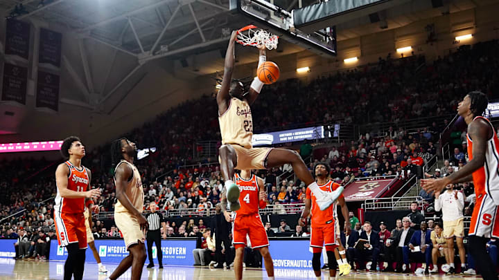 Jayden Hastings dunks at Conte Forum on Jan. 17, 2026.