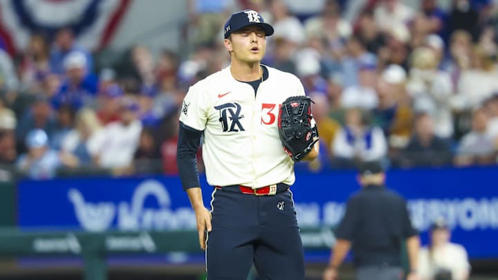 Mar 28, 2025; Arlington, Texas, USA; Texas Rangers starting pitcher Jack Leiter (35) reacts during the game against the Boston Red Sox at Globe Life Field. Mandatory Credit: Kevin Jairaj-Imagn Images Mar 28, 2025; Arlington, Texas, USA; Texas Rangers starting pitcher Jack Leiter (35) reacts during the game against the Boston Red Sox at Globe Life Field. Mandatory Credit: Kevin Jairaj-Imagn Images