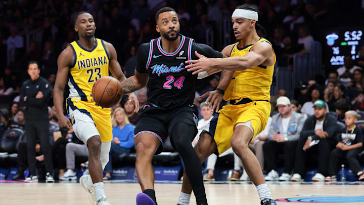 Dec 27, 2025; Miami, Florida, USA; Miami Heat guard Norman Powell (24) drives to the basket against Indiana Pacers guard Andrew Nembhard (2) during the second half at Kaseya Center. Mandatory Credit: Sam Navarro-Imagn Images Dec 27, 2025; Miami, Florida, USA; Miami Heat guard Norman Powell (24) drives to the basket against Indiana Pacers guard Andrew Nembhard (2) during the second half at Kaseya Center. Mandatory Credit: Sam Navarro-Imagn Images