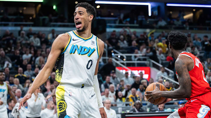 Feb 20, 2025; Indianapolis, Indiana, USA; Indiana Pacers guard Tyrese Haliburton (0) celebrates a made basket in the second half against the Memphis Grizzlies at Gainbridge Fieldhouse. Mandatory Credit: Trevor Ruszkowski-Imagn Images