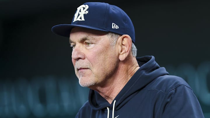 Mar 28, 2025; Arlington, Texas, USA;  Texas Rangers manager Bruce Bochy (15) looks on before the game against the Boston Red Sox at Globe Life Field
