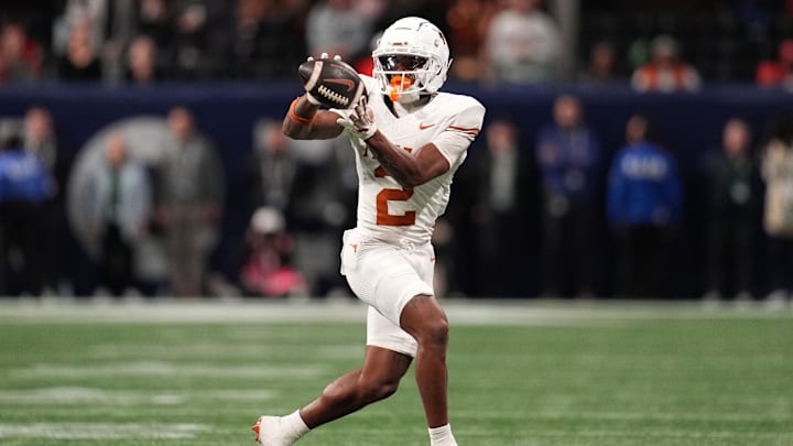 Dec 7, 2024; Atlanta, GA, USA; Texas Longhorns wide receiver Matthew Golden (2) makes a catch against the Georgia Bulldogs during the second half in the 2024 SEC Championship game at Mercedes-Benz Stadium. Mandatory Credit: Dale Zanine-Imagn Images