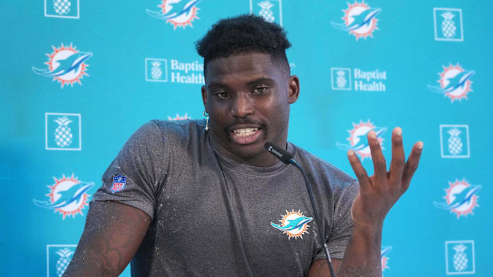 Nov 2, 2023; Frankfurt, Germany; Miami Dolphins wide receiver Tyreek Hill at press conference at the