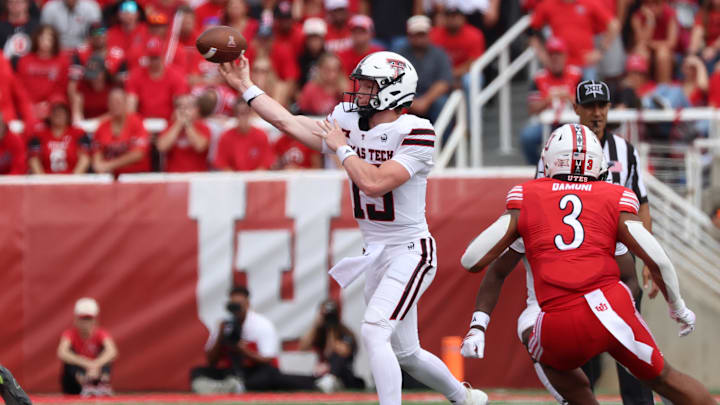 Sep 20, 2025; Salt Lake City, Utah, USA; Texas Tech Red Raiders quarterback Will Hammond (15) passes the ball against the Utah Utes during the third quarter at Rice-Eccles Stadium. Mandatory Credit: Rob Gray-Imagn Images