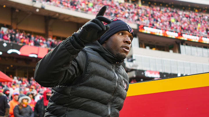Jan 18, 2025; Kansas City, Missouri, USA; Houston Texans head coach DeMeco Ryans takes the field prior to a 2025 AFC divisional round game against the Kansas City Chiefs at GEHA Field at Arrowhead Stadium. Mandatory Credit: Jay Biggerstaff-Imagn Images