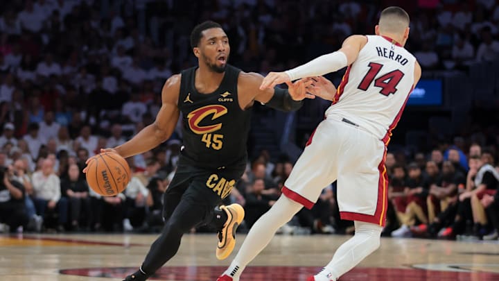 Apr 28, 2025; Miami, Florida, USA; Cleveland Cavaliers guard Donovan Mitchell (45) dribbles the basketball as Miami Heat guard Tyler Herro (14) defends in the second quarter during game four for the first round of the 2025 NBA Playoffs at Kaseya Center. Mandatory Credit: Sam Navarro-Imagn Images Apr 28, 2025; Miami, Florida, USA; Cleveland Cavaliers guard Donovan Mitchell (45) dribbles the basketball as Miami Heat guard Tyler Herro (14) defends in the second quarter during game four for the first round of the 2025 NBA Playoffs at Kaseya Center. Mandatory Credit: Sam Navarro-Imagn Images