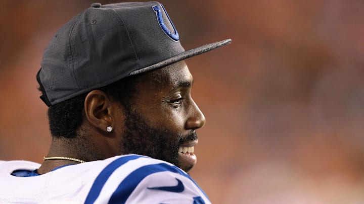 Sep 1, 2016; Cincinnati, OH, USA; Indianapolis Colts defensive back Antonio Cromartie (34) against the Cincinnati Bengals in a preseason NFL football game at Paul Brown Stadium. The Colts won 13-10. Mandatory Credit: Aaron Doster-Imagn Images