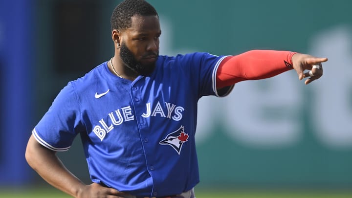 Jun 25, 2025; Cleveland, Ohio, USA; Toronto Blue Jays first baseman Vladimir Guerrero Jr. (27) stands on the field in the first inning against the Cleveland Guardians at Progressive Field.