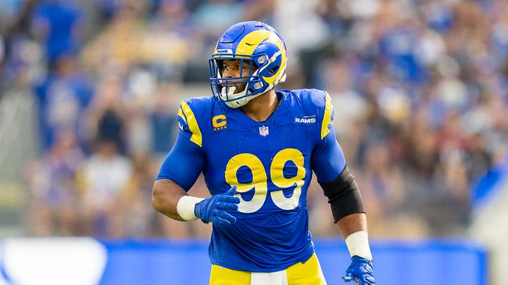 October 15, 2023; Inglewood, California, USA; Los Angeles Rams defensive tackle Aaron Donald (99) during the third quarter against the Arizona Cardinals at SoFi Stadium. Mandatory Credit: Kyle Terada-USA TODAY Sports