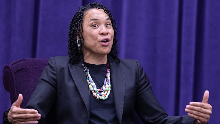 University of South Carolina women's basketball coach Dawn Staley answers a question by moderator Dan Hughes during the University of Mount Union's Schooler Lecture speaker series on April 23, 2025, in Alliance, Ohio.