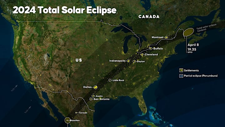 Map showing the path of the 2024 total solar eclipse.