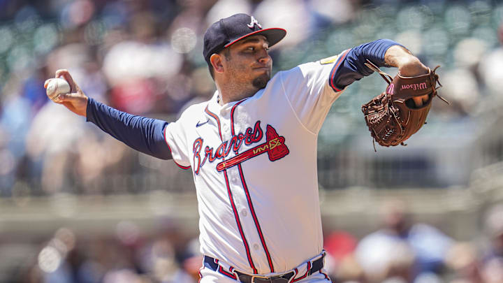 Aug 25, 2024; Cumberland, Georgia, USA; Atlanta Braves relief pitcher Luke Jackson (22) pitches against the Washington Nationals during the seventh inning at Truist Park. Aug 25, 2024; Cumberland, Georgia, USA; Atlanta Braves relief pitcher Luke Jackson (22) pitches against the Washington Nationals during the seventh inning at Truist Park.
