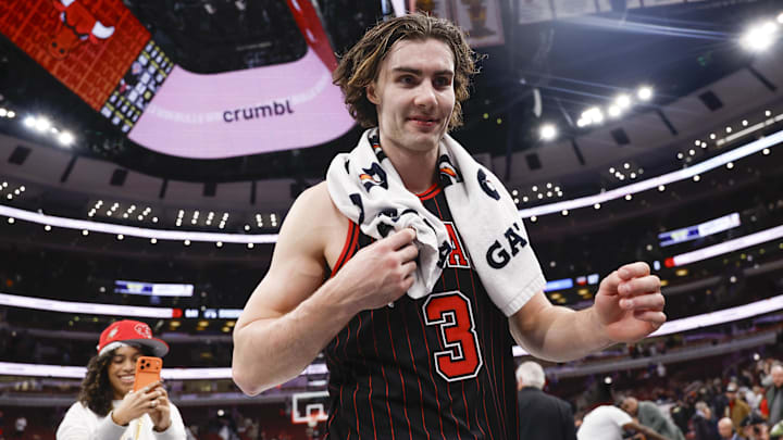 Oct 31, 2025; Chicago, Illinois, USA; Chicago Bulls guard Josh Giddey (3) celebrates after team's win against the New York Knicks at United Center. Mandatory Credit: Kamil Krzaczynski-Imagn Images Oct 31, 2025; Chicago, Illinois, USA; Chicago Bulls guard Josh Giddey (3) celebrates after team's win against the New York Knicks at United Center. Mandatory Credit: Kamil Krzaczynski-Imagn Images