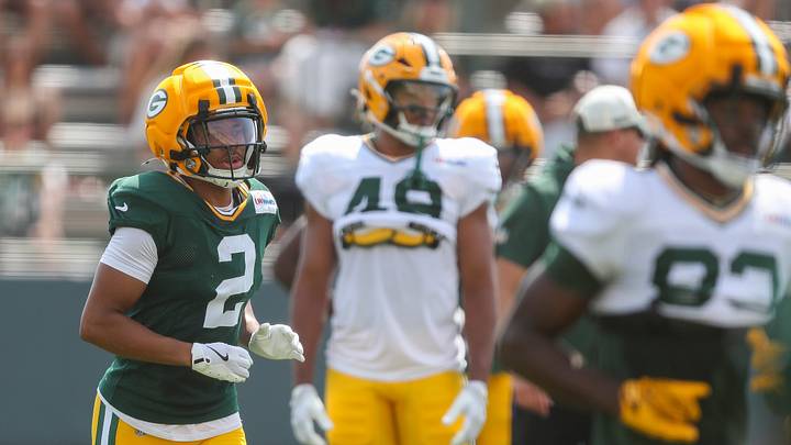 Green Bay Packers cornerback Brandon Cisse (2) returns to the huddle after finishing a rep during practice on Tuesday, Aug. 4, 2026, at Ray Nitschke Field in Ashwaubenon, Wisconsin. 
Tork Mason/USA TODAY NETWORK-Wisconsin