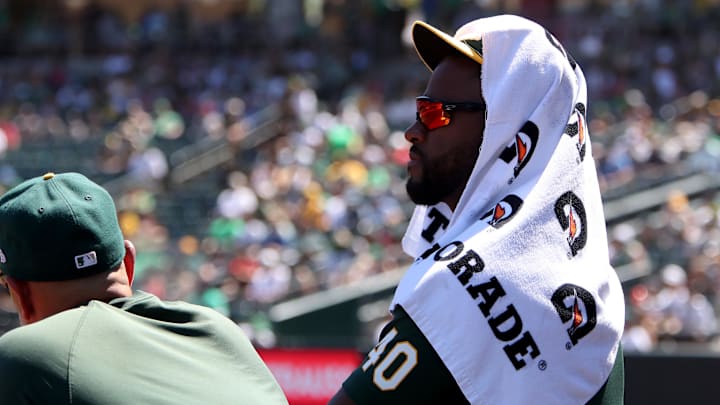 Aug 3, 2025; West Sacramento, California, USA; Athletics pitcher Luis Severino (40) watches the game against the Arizona Diamondbacks during the fifth inning at Sutter Health Park. Mandatory Credit: Dennis Lee-Imagn Images
