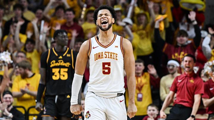 Mar 7, 2026; Ames, Iowa, USA; Iowa State Cyclones forward Joshua Jefferson (5) reacts during the second half against the Arizona State Sun Devils at James H. Hilton Coliseum. Mandatory Credit: Jeffrey Becker-Imagn Images