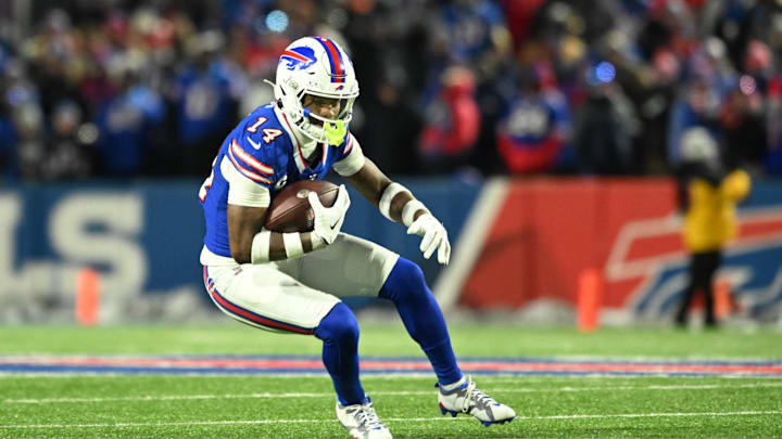 Jan 15, 2024; Orchard Park, New York, USA; Buffalo Bills wide receiver Stefon Diggs (14) runs the