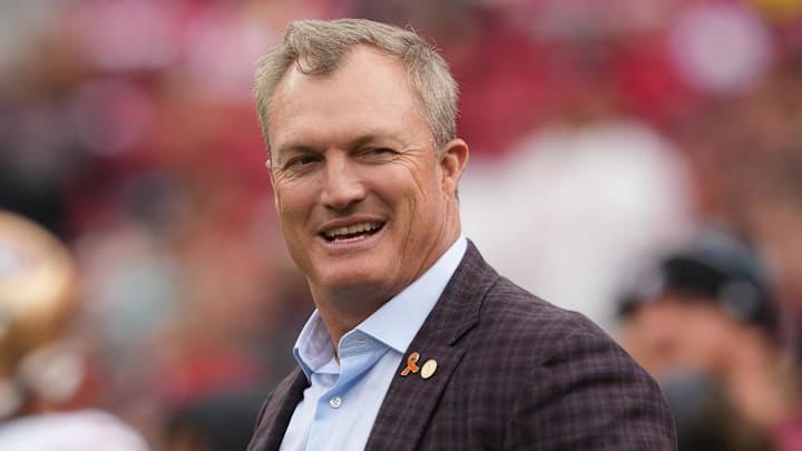 Sep 28, 2025; Santa Clara, California, USA; San Francisco 49ers general manager John Lynch before the game against the Jacksonville Jaguars at Levi's Stadium. Mandatory Credit: Darren Yamashita-Imagn Images