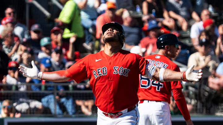 Willson Contreras of the Boston Red Sox reacts after hitting a home run against the Pittsburgh Pirates at JetBlue Park in Fort Myers on Tuesday, Feb. 24, 2026. I