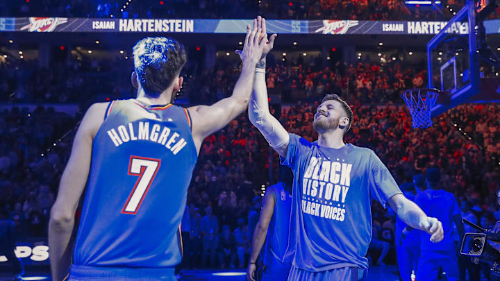 Feb 7, 2025; Oklahoma City, Oklahoma, USA; Oklahoma City Thunder center Isaiah Hartenstein (55) high fives forward Chet Holmgren (7) during introductions before the start of a game against the Toronto Raptors during the second half at Paycom Center. Mandatory Credit: Alonzo Adams-Imagn Images Feb 7, 2025; Oklahoma City, Oklahoma, USA; Oklahoma City Thunder center Isaiah Hartenstein (55) high fives forward Chet Holmgren (7) during introductions before the start of a game against the Toronto Raptors during the second half at Paycom Center. Mandatory Credit: Alonzo Adams-Imagn Images