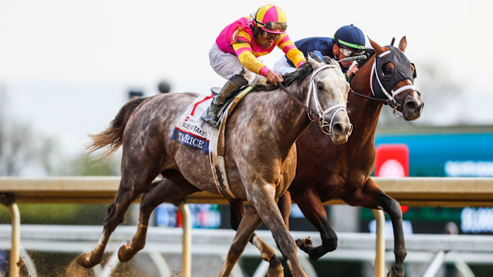 Luis Saez piloted Tapit Trice past Tyler Gaffalione aboard Verifying to win the Blue Grass Stakes on April 8. Luis Saez piloted Tapit Trice past Tyler Gaffalione aboard Verifying to win the Blue Grass Stakes on April 8.