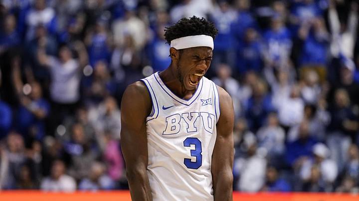 Feb 21, 2026; Provo, Utah, USA; BYU Cougars forward AJ Dybantsa (3) reacts during the second half against the Iowa State Cyclones at Marriott Center. Mandatory Credit: Aaron Baker-Imagn Images Feb 21, 2026; Provo, Utah, USA; BYU Cougars forward AJ Dybantsa (3) reacts during the second half against the Iowa State Cyclones at Marriott Center. Mandatory Credit: Aaron Baker-Imagn Images