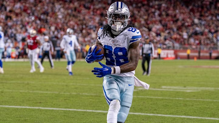 Oct 27, 2024; Santa Clara, California, USA; Dallas Cowboys wide receiver CeeDee Lamb (88) catches the football for a touchdown against the San Francisco 49ers during the fourth quarter at Levi's Stadium. Mandatory Credit: Neville E. Guard-Imagn Images