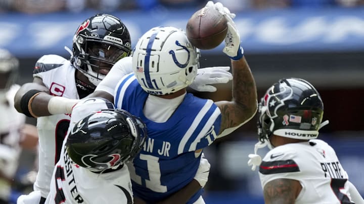 Sep 8, 2024; Indianapolis, Indiana, USA; A pass intended for Indianapolis Colts wide receiver Michael Pittman Jr. (11) falls incomplete at Lucas Oil Stadium. Mandatory Credit: Grace Hollars/USA TODAY Network via Imagn Images