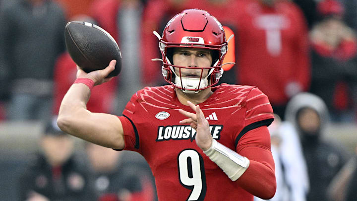 Nov 23, 2024; Louisville, Kentucky, USA;  Louisville Cardinals quarterback Tyler Shough (9) throws against the Pittsburgh Panthers during the first quarter at L&N Federal Credit Union Stadium. Mandatory Credit: Jamie Rhodes-Imagn Images