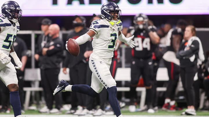 Dec 7, 2025; Atlanta, Georgia, USA; Seattle Seahawks safety Nick Emmanwori (3) celebrates after an interception against the Atlanta Falcons in the third quarter at Mercedes-Benz Stadium. Mandatory Credit: Brett Davis-Imagn Images