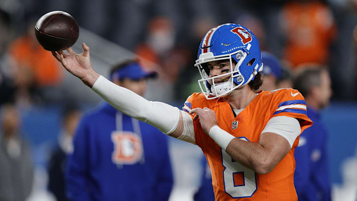 Nov 6, 2025; Denver, Colorado, USA; Denver Broncos quarterback Jarrett Stidham (8) practices before the game at Empower Field at Mile High. Mandatory Credit: Isaiah J. Downing-Imagn Images
