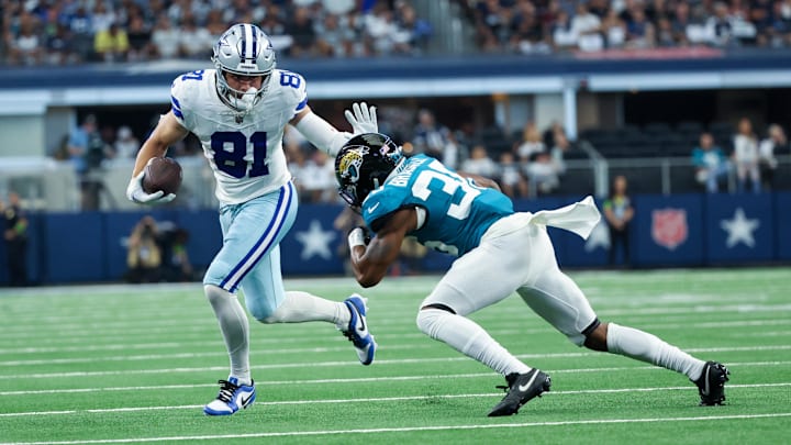 Aug 12, 2023; Arlington, Texas, USA;  Dallas Cowboys wide receiver Simi Fehoko (81) stiff arms