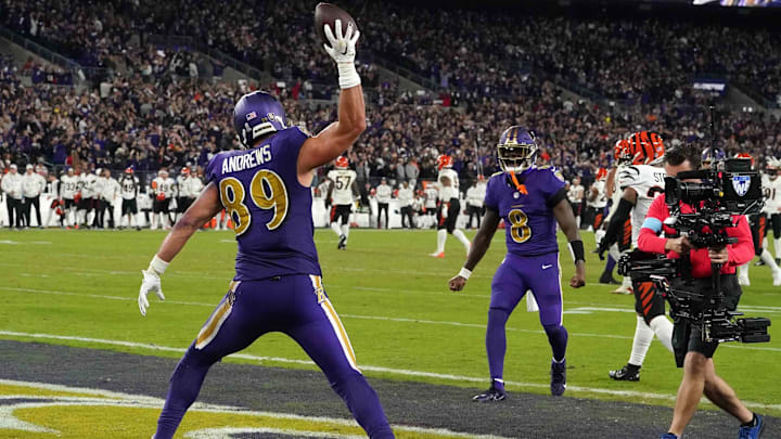 Nov 7, 2024; Baltimore, Maryland, USA; Baltimore Ravens tight end Mark Andrews (89) reacts following his fourth quarter touchdown catch against the Cincinnati Bengals at M&T Bank Stadium. Mandatory Credit: Mitch Stringer-Imagn Images