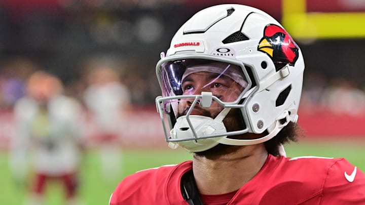 Sep 29, 2024; Glendale, Arizona, USA;  Arizona Cardinals quarterback Kyler Murray (1) looks on in the second half against the Washington Commanders at State Farm Stadium. Mandatory Credit: Matt Kartozian-Imagn Images