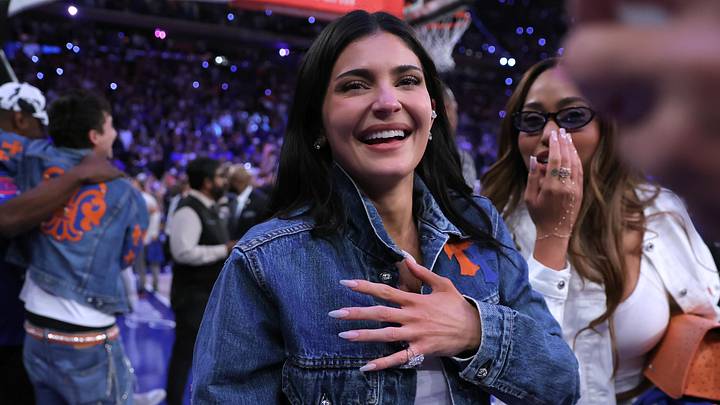 Jun 10, 2026; New York, New York, USA; Kylie Jenner reacts after the New York Knicks defeated the San Antonio Spurs in game four of the 2026 NBA Finals at Madison Square Garden. Mandatory Credit: Brad Penner-Imagn Images