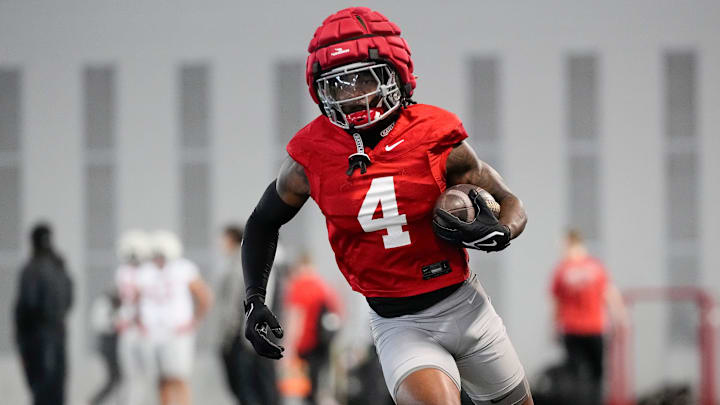 Ohio State Buckeyes wide receiver Jeremiah Smith (4) runs during spring football practice at the Woody Hayes Athletic Center on March 17, 2025. Ohio State Buckeyes wide receiver Jeremiah Smith (4) runs during spring football practice at the Woody Hayes Athletic Center on March 17, 2025.