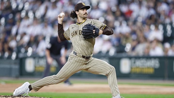 Sep 19, 2025; Chicago, Illinois, USA; San Diego Padres starting pitcher Dylan Cease (84) delivers a pitch against the Chicago White Sox during the first inning at Rate Field. Mandatory Credit: Kamil Krzaczynski-Imagn Images