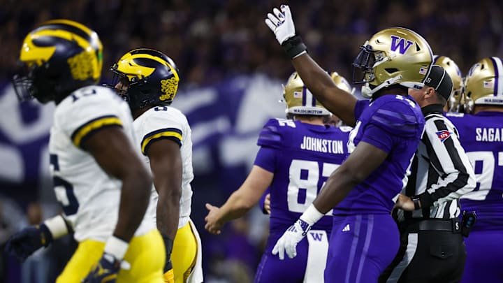 Oct 5, 2024; Seattle, Washington, USA; Washington Huskies edge Milton Hopkins Jr. (14) celebrates a field goal against the Michigan Wolverines during the fourth quarter at Alaska Airlines Field at Husky Stadium. Mandatory Credit: Joe Nicholson-Imagn Images