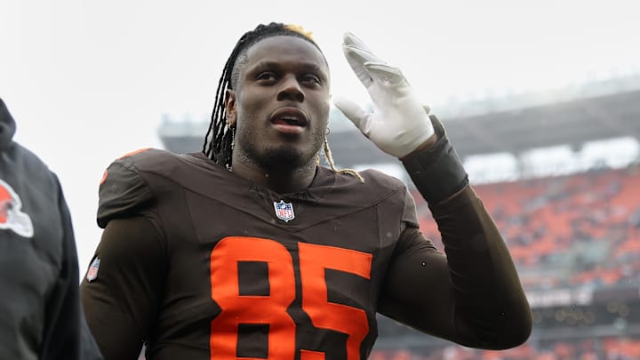Dec 7, 2025; Cleveland, Ohio, USA; Cleveland Browns tight end David Njoku (85) walks off the field after the game against the Tennessee Titans at Huntington Bank Field. Mandatory Credit: Scott Galvin-Imagn Images