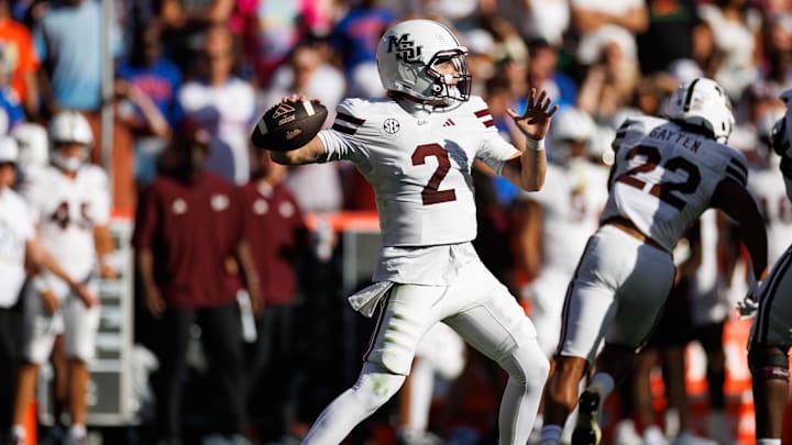 Oct 18, 2025; Gainesville, Florida, USA; Mississippi State Bulldogs quarterback Blake Shapen (2) throws the ball against the Florida Gators during the first half at Ben Hill Griffin Stadium. Mandatory Credit: Matt Pendleton-Imagn Images Oct 18, 2025; Gainesville, Florida, USA; Mississippi State Bulldogs quarterback Blake Shapen (2) throws the ball against the Florida Gators during the first half at Ben Hill Griffin Stadium. Mandatory Credit: Matt Pendleton-Imagn Images