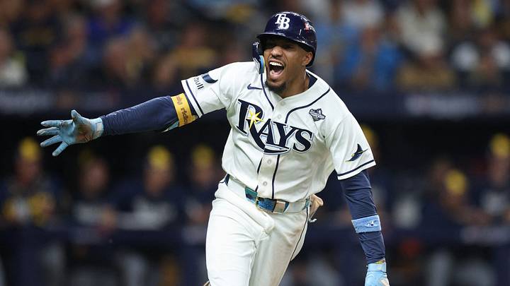 Oct 27, 2026; St. Petersburg, Florida, USA;  Tampa Bay Rays outfielder Chandler Simpson (14) reacts after hitting a single against the Milwaukee Brewers during the 12th inning in game four of the 2026 World Series at Tropicana Field.  Mandatory Credit: Nathan Ray Seebeck-Imagn Images