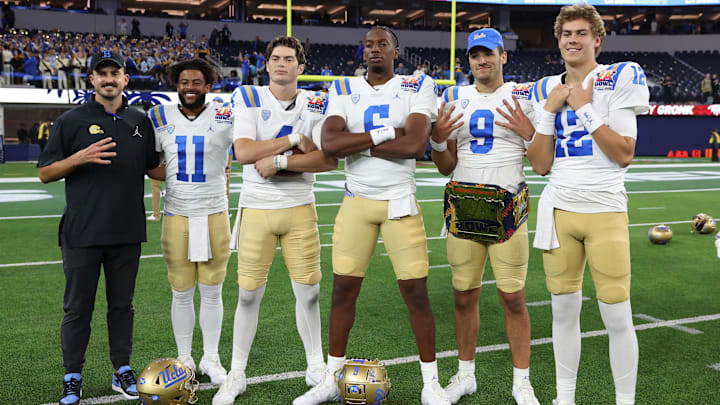 Dec 16, 2023; Inglewood, CA, USA;  UCLA Bruins players celebrate after beating Boise State.