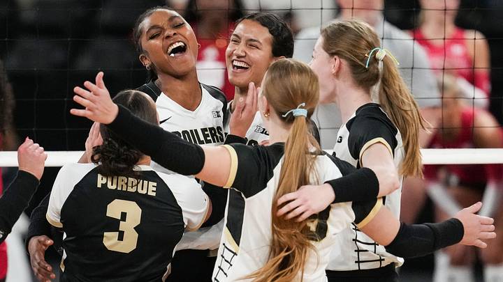 Purdue Boilermakers celebrate a point during the game at the Fishers Event Center in Fishers.