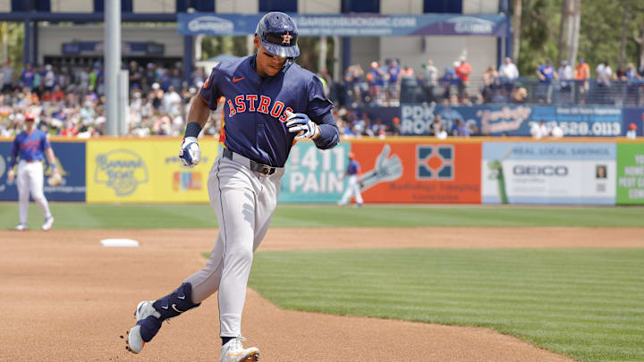 Mar 16, 2025; Port St. Lucie, Florida, USA;  Houston Astros outfielder Cam Smith rounds third base after his two run home run during the second inning against the New York Mets at Clover Park. 