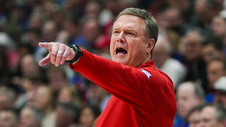 Feb 3, 2025; Lawrence, Kansas, USA; Kansas Jayhawks head coach Bill Self reacts during the second half against the Iowa State Cyclones at Allen Fieldhouse. Mandatory Credit: Jay Biggerstaff-Imagn Images Feb 3, 2025; Lawrence, Kansas, USA; Kansas Jayhawks head coach Bill Self reacts during the second half against the Iowa State Cyclones at Allen Fieldhouse. Mandatory Credit: Jay Biggerstaff-Imagn Images