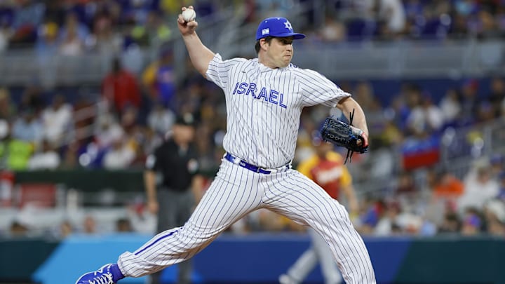 Mar 15, 2023; Miami, Florida, USA; Israel starting pitcher Robert Stock (89) delivers a pitch during the third inning against Venezuela at LoanDepot Park. Mandatory Credit: Sam Navarro-Imagn Images